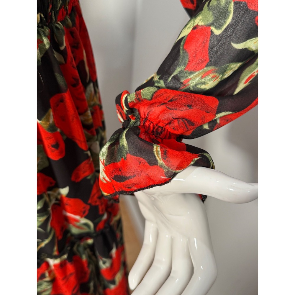 Tuleen Red Rose Floral Maxi Dress Smocked Waist Long Sleeve Boho XL - Picture 8 of 10